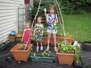 Kids’ Garden Club on 6/18, when the girls planted some herb seeds and our plants donated by Leisuretime Greenhouses. They’re standing in the “bean teepee” set up for the pots of beans and cucumbers to grow up and cover. 