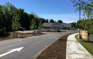 New library building, showing landscaping.